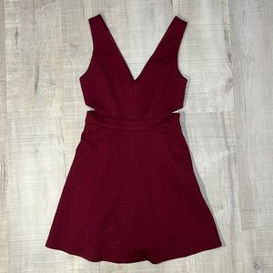 Burgundy red mini party dress with side cutouts